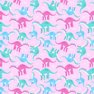 Dinozorların sevimli, renksiz deseni. Çocuklar için parlak bir geçmiş. Tekstil imalatı, not defterleri vs. için vektör illüstrasyonu