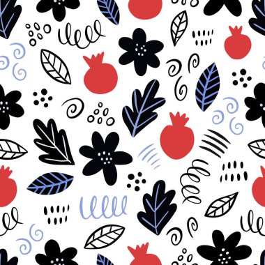 Çiçek ve nar desenli çiçek desenli el çizimi. İskandinav tarzı. Beyaz arkaplanda vektör illüstrasyonu