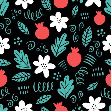 Çiçek ve nar desenli çiçek desenli el çizimi. İskandinav tarzı. Yeşil arkaplanda vektör illüstrasyonu