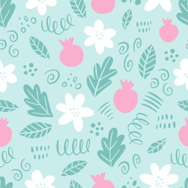 Çiçek ve nar desenli çiçek desenli el çizimi. İskandinav tarzı. Yeşil arkaplanda vektör illüstrasyonu