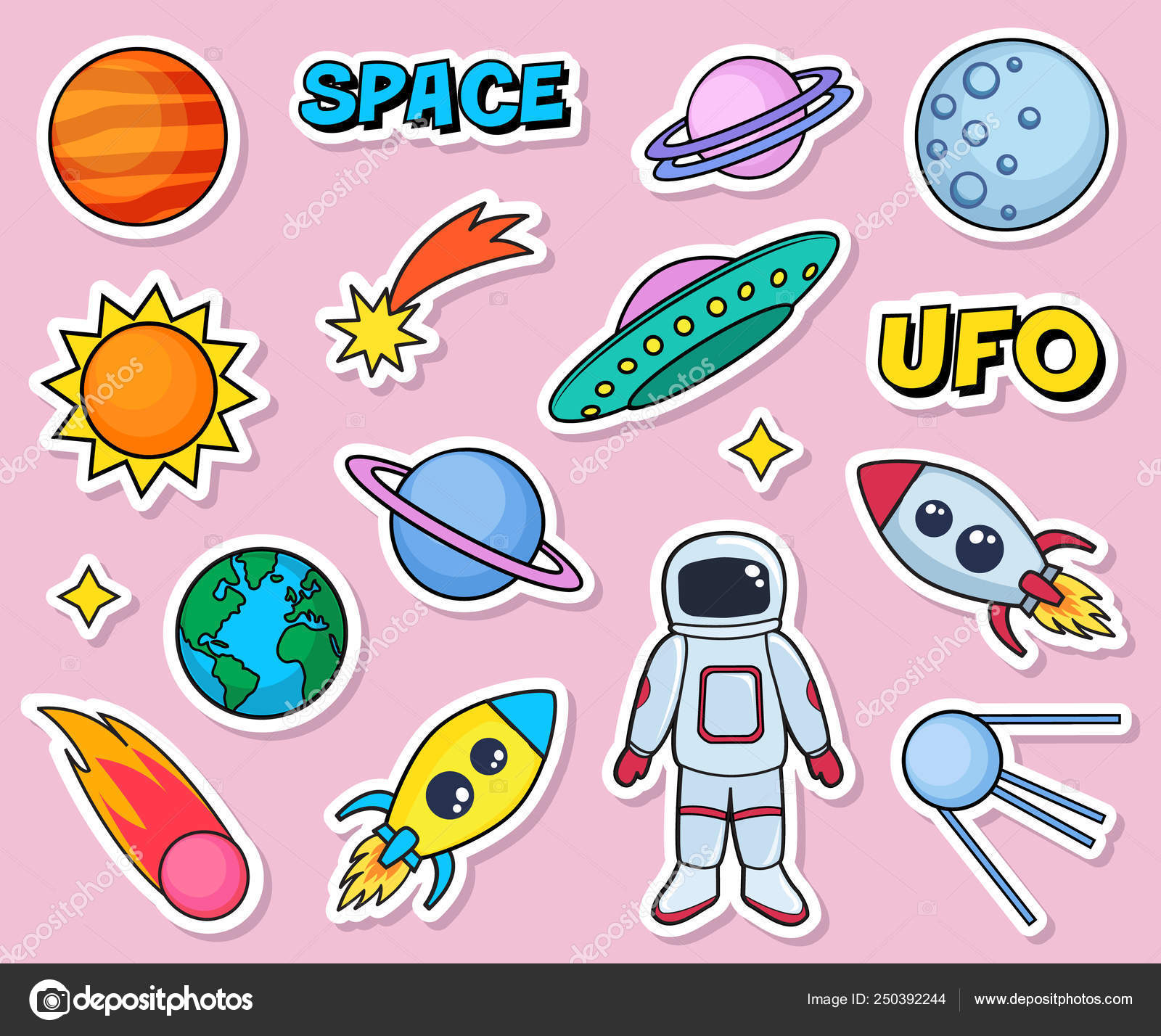 Cute Patches Set Space Cosmonaut Planets Sun Earth Rockets