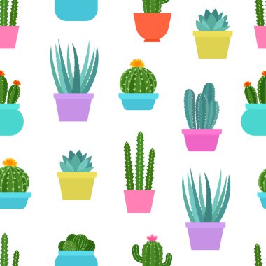 Renkli saksılarda farklı kaktüsler bulunan kusursuz çiçek desenleri. Kaktüslü şirin bir arka plan. Tekstil ve kumaş için mükemmel. Vektör illüstrasyonu