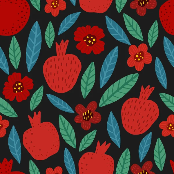 Seamless Bright Colorful Floral Pattern Pomegranates Flowers Leaves Perfect Textile — 스톡 벡터