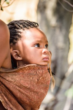 East Of Windhoek, Namibya - 3 Ocak 2016: Tanımlanamayan bushman küçük çocuk. Bushman halkı Güney Afrika'nın çeşitli yerli avcı-toplayıcı insanlarının üyeleridir.