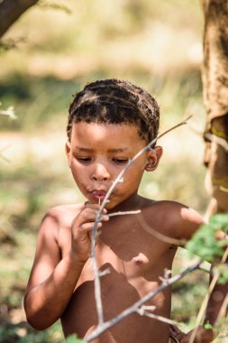 East Of Windhoek, Namibya - 3 Ocak 2016: Tanımlanamayan bushman küçük çocuk. Bushman halkı Güney Afrika'nın çeşitli yerli avcı-toplayıcı insanlarının üyeleridir.