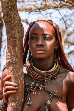Kamanjab, Namibya - 07 Eylül 2015: Himba kabilesinden kimliği belirsiz kadın. Himba kuzey Namibya ve Angola yaşayan yerli halk
