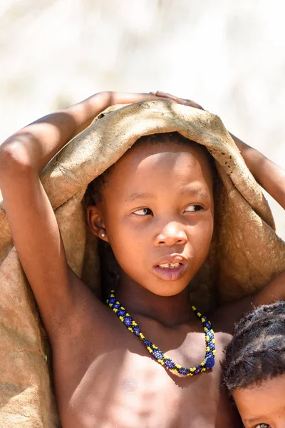 East Of Windhoek, Namibya - 3 Ocak 2016: Tanımlanamayan bushman çocuk. Bushman halkı Güney Afrika'nın çeşitli yerli avcı-toplayıcı insanlarının üyeleridir.