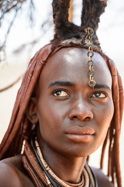 Kamanjab, Namibya - 07 Eylül 2015: Himba kabilesinden kimliği belirsiz kadın. Himba kuzey Namibya ve Angola yaşayan yerli halk