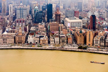 Şangay, Çin - Mar 31, 2016: Oriental Pearl Radyo ve Tv Kulesi'nden Şangay binalarının görünümü.