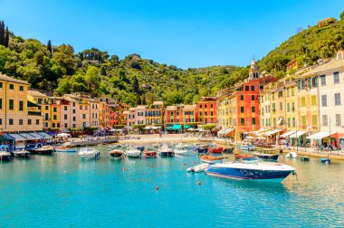 Portofino, İtalya - 4 Mayıs 2016: İtalyan balıkçı köyü Portofino'nun güzel limanı, Cenova eyaleti, İtalya. Ünlü ve sanatsal ziyaretçiler ile bir tatil beldesi.