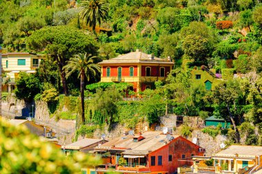 Portofino, İtalya - 4 Mayıs 2016: İtalyan balıkçı köyü Portofino'nun güzel manzarası, Cenova eyaleti, İtalya. Pitoresk bir liman ve ünlü ve sanatsal ziyaretçiler ile bir tatil beldesi.
