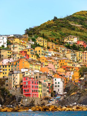 Riomaggiore, İtalya - 5 Mayıs 2016: Riomaggiore, La Spezia eyaletinde bir köy, Liguria, İtalya. Unesco Dünya Mirası Listesi'ndeki Cinque Terre topraklarından biri.