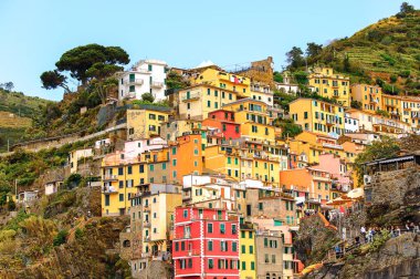 Riomaggiore, İtalya - 5 Mayıs 2016: Riomaggiore, La Spezia eyaletinde bir köy, Liguria, İtalya. Unesco Dünya Mirası Listesi'ndeki Cinque Terre topraklarından biri.