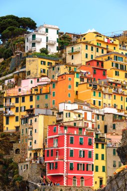 Riomaggiore, İtalya - 5 Mayıs 2016: Riomaggiore, La Spezia eyaletinde bir köy, Liguria, İtalya. Unesco Dünya Mirası Listesi'ndeki Cinque Terre topraklarından biri.