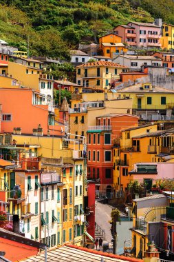 Riomaggiore, İtalya - 5 Mayıs 2016: Riomaggiore Evleri, La Spezia eyaletinde bir köy, Liguria, İtalya. Unesco Dünya Mirası Listesi'ndeki Cinque Terre topraklarından biri.
