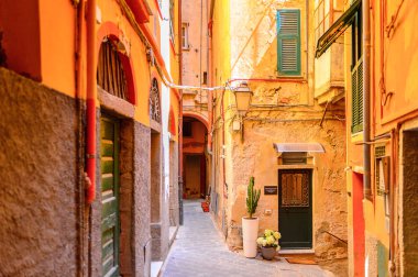 Riomaggiore, İtalya - 5 Mayıs 2016: Riomaggiore Caddesi (Rimazuu), La Spezia eyaletinde bir köy, Liguria, İtalya. Cinque Terre, Unesco Dünya Mirası