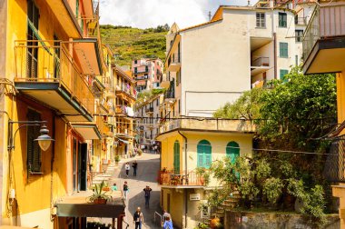 Manarola, İtalya - 5 Mayıs 2016: Ana cadde ve Manarola (Manaea), La Spezia, Liguria, İtalya mimarisi. Unesco Dünya Mirası Listesi'ndeki Cinque Terre topraklarından biri.