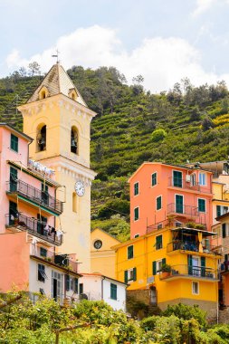 Manarola, İtalya - 5 Mayıs 2016: Manarola 'nın renkli mimarisi (Manaea), La Spezia, Liguria, İtalya. Unesco Dünya Mirası Listesi'ndeki Cinque Terre topraklarından biri.
