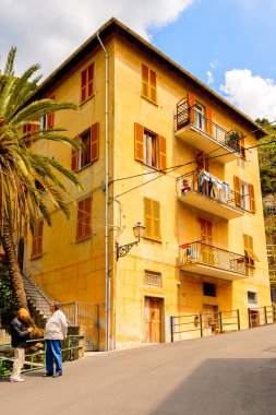 Manarola, İtalya - 5 Mayıs 2016: Manarola 'nın renkli mimarisi (Manaea), La Spezia, Liguria, İtalya. Unesco Dünya Mirası Listesi'ndeki Cinque Terre topraklarından biri.