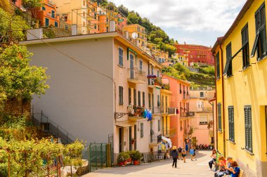 Manarola, İtalya - 5 Mayıs 2016: Manarola 'nın renkli mimarisi (Manaea), La Spezia, Liguria, İtalya. Unesco Dünya Mirası Listesi'ndeki Cinque Terre topraklarından biri.