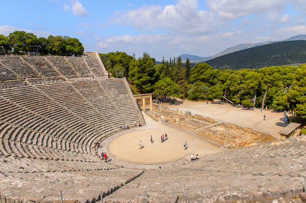 EPIDAURUS, GREECE - APR 24, 2016: Large amphitheater of Epidaurus, Peloponnese, Greece.Sanctuary of Asclepius at Epidaurus.  UNESCO World Heritage