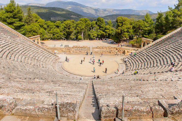 EPIDAURUS, GREECE - APR 24, 2016: Large amphitheater of Epidaurus, Peloponnese, Greece.Sanctuary of Asclepius at Epidaurus.  UNESCO World Heritage