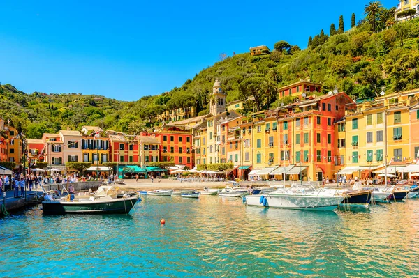 Portofino, İtalya - 4 Mayıs 2016: İtalyan balıkçı köyü Portofino'nun güzel limanı, Cenova eyaleti, İtalya. Ünlü ve sanatsal ziyaretçiler ile bir tatil beldesi.