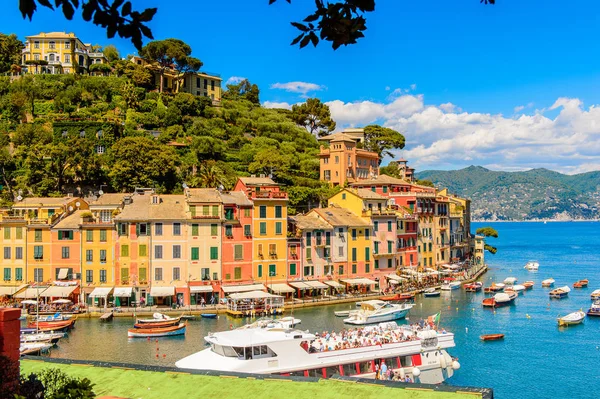 Portofino, İtalya - 4 Mayıs 2016: İtalyan balıkçı köyü Portofino'nun güzel manzarası, Cenova eyaleti, İtalya. Ünlü ve sanatsal ziyaretçiler ile bir tatil beldesi.