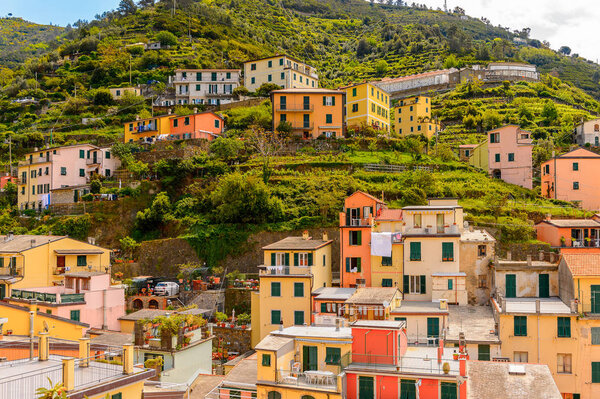 RIOMAGGIORE, ITALY - MAY 5, 2016: Riomaggiore (Rimazuu), a village in province of La Spezia, Liguria, Italy. Cinque Terre, UNESCO World Heritage Site