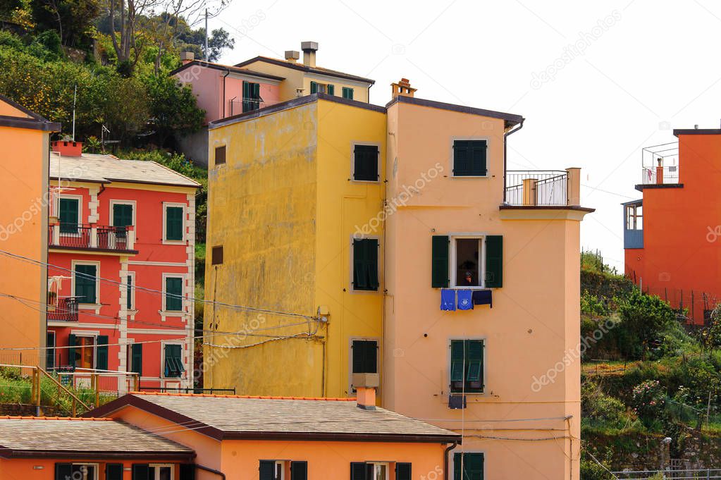 RIOMAGGIORE, ITALY - MAY 5, 2016: Riomaggiore, a village in province of La Spezia, Liguria, Italy. It's one of the lands of Cinque Terre, UNESCO World Heritage Site