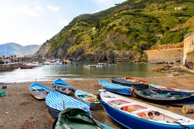 Vernazza, İtalya - 5 Mayıs 2016: Vernazza (Vulnetia), İtalya'nın Liguria eyaletinin Küçük Bir kasabası olan Vernazza (Vulnetia) sahilinde tekneler. Cinque Terre, Unesco Dünya Mirası Listesi'ndeki topraklardan biri.