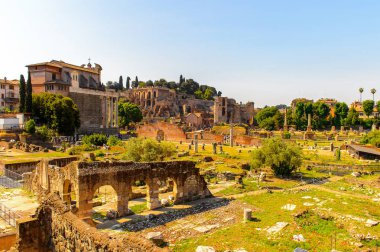 Roma, İtalya - 7 Mayıs 2016: Roma Forumu, Roma şehir merkezinde ki birçok önemli antik hükümet binasının kalıntılarıyla çevrili dikdörtgen bir forum.