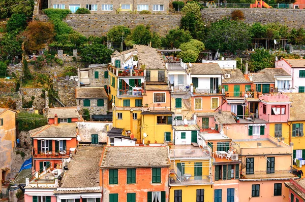 Vernazza, İtalya - 5 Mayıs 2016: İtalya'nın Liguria eyaletinin La Spezia eyaletinde küçük bir kasaba olan Vernazza'nın (Vulnetia) aerieal görünümü. Unesco Dünya Mirası Listesi'ndeki Cinque Terre topraklarından biri.