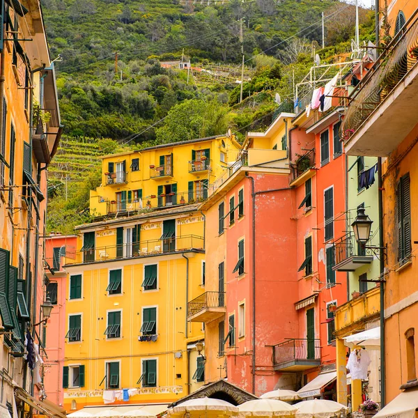 Vernazza, İtalya - 5 Mayıs 2016: La Spezia, Liguria, İtalya'da küçük bir kasaba olan Vernazza'nın (Vulnetia) renkli mimarisi. Cinque Terre, Unesco Dünya Mirası Listesi'ndeki topraklardan biri.