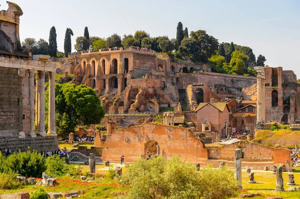 Roma, İtalya - 7 Mayıs 2016: Roma Forumu, Roma şehir merkezinde ki birçok önemli antik hükümet binasının kalıntılarıyla çevrili dikdörtgen bir forum.