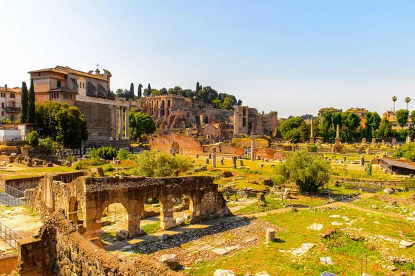 Roma, İtalya - 7 Mayıs 2016: Roma Forumu, Roma şehir merkezinde ki birçok önemli antik hükümet binasının kalıntılarıyla çevrili dikdörtgen bir forum.