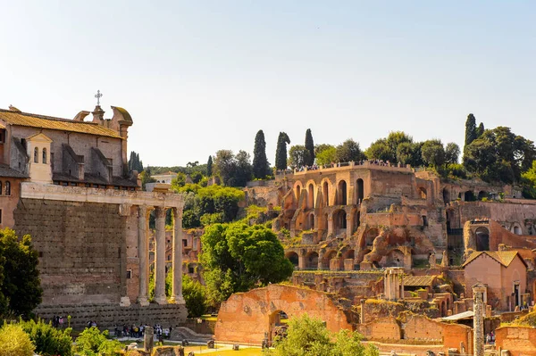 Roma, İtalya - 7 Mayıs 2016: Roma Forumu, Roma şehir merkezinde ki birçok önemli antik hükümet binasının kalıntılarıyla çevrili dikdörtgen bir forum.