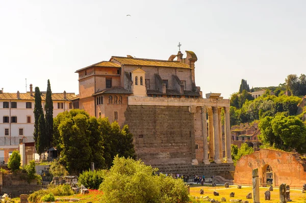 Roma, İtalya - 7 Mayıs 2016: Roma Forumu, Roma şehir merkezinde ki birçok önemli antik hükümet binasının kalıntılarıyla çevrili dikdörtgen bir forum.