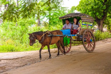 Inwa, Myanmar - 25 Ağustos 2016: Inwa, Mandalay Region, Burma yolu üzerindeki bir köyde at arabası. Bu da turistler için bir taksi seçeneği
