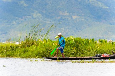 Inle Lake, Myanmar - 30 Ağustos 2016: Myanmar'ın Shan Eyaletinin Taunggyi İlçesi'nin Nyaungshwe İlçesi'nde bulunan bir tatlı su gölü olan Inle Sap'ın üzerinde bambu teknede bulunan tanımlanamayan Birmanyalı adam