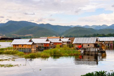 Inle Gölü, Myanmar - 30 Ağustos 2016: Inle Sap üzerinde Inpawkhon köyünün doğası, Shan Eyaleti'nin Taunggyi İlçesi Nyaungshwe İlçesi'nde bir tatlı su gölü, Myanmar
