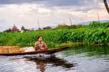 Inle Lake, Myanmar - Ağu 30, 2016: Bambu tekne kimliği belirsiz Birmanya kız Inle Sap üzerinde yelken, Shan Eyaleti Taunggyi İlçesi Nyaungshwe İlçesi'nde bulunan bir tatlı su gölü, Myanmar