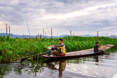 Inle Lake, Myanmar - 30 Ağustos 2016: Myanmar'ın Shan Eyaletinin Taunggyi İlçesi'nin Nyaungshwe İlçesi'nde bulunan bir tatlı su gölü olan Inle Sap'ın üzerinde bambu teknede bulunan tanımlanamayan Birmanyalı çocuk