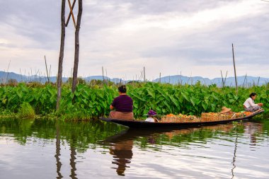 Inle Lake, Myanmar - 30 Ağustos 2016: Myanmar'ın Shan Eyaletinin Taunggyi İlçesi'nin Nyaungshwe İlçesi'nde bulunan bir tatlı su gölü olan Inle Sap'ın üzerinde bambu teknede bulunan tanımlanamayan Birmanyalı kadınlar