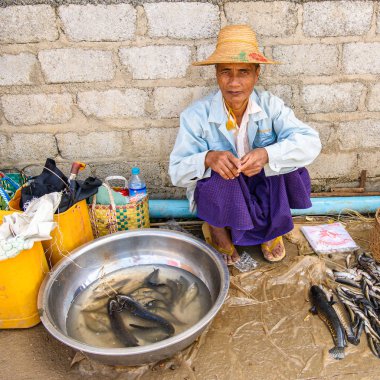 Inle Lake, Myanmar - Ağu 30, 2016: Tanımlanamayan Birmanya kadın pazar yerinde balık satıyor, Inle Sap, Shan State Taunggyi İlçesi Nyaungshwe İlçesi'nde bir tatlı su gölü, Myanmar
