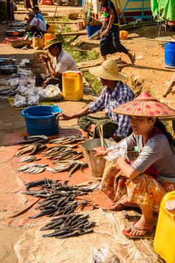 Inle Lake, Myanmar - Ağu 30, 2016: Tanımlanamayan Birmanya kadın pazar yerinde balık satıyor, Inle Sap, Shan State Taunggyi İlçesi Nyaungshwe İlçesi'nde bir tatlı su gölü, Myanmar