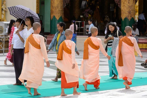 Yangon, Myanmar - 24 Ağustos 2016: Bir tapınakta tanımlanamayan Birmanyalı küçük Budist rahipler. Myanma halkının yüzde 68'i Bamar etnik grubuna mensandı
