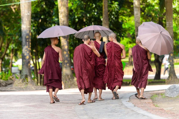 Yangon, Myanmar - 24 Ağustos 2016: Sokakta tanımlanamayan Birmanyalı Budist rahipler. Myanma halkının yüzde 68'i Bamar etnik grubuna mensandı
