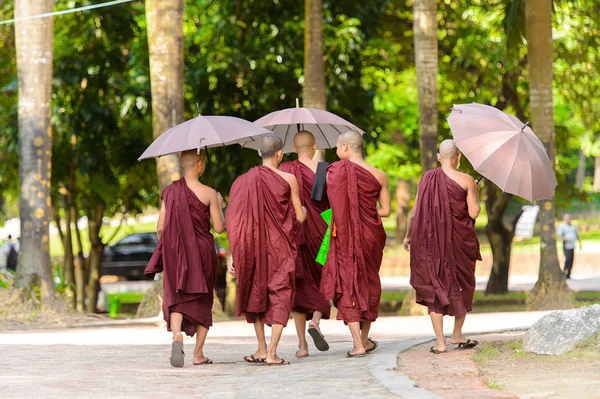Yangon, Myanmar - 24 Ağustos 2016: Sokakta tanımlanamayan Birmanyalı Budist rahipler. Myanma halkının yüzde 68'i Bamar etnik grubuna mensandı