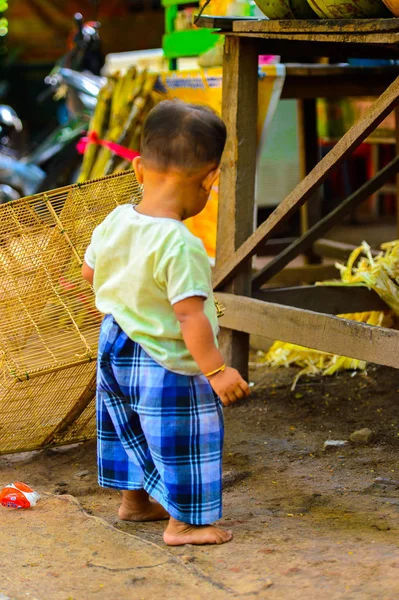 Inwa, Myanmar - 25 Ağustos 2016: Kimliği belirsiz Birmanyalı çocuk kafesi çekiyor. Myanma halkının yüzde 68'i Bamar etnik grubuna mensandı